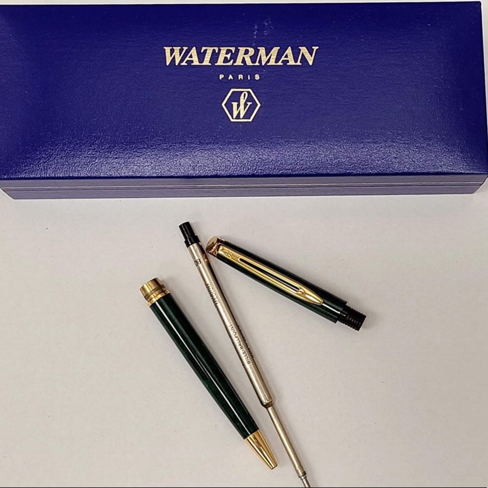 Waterman Green Marble Ballpoint Pen Gold Trim Tested